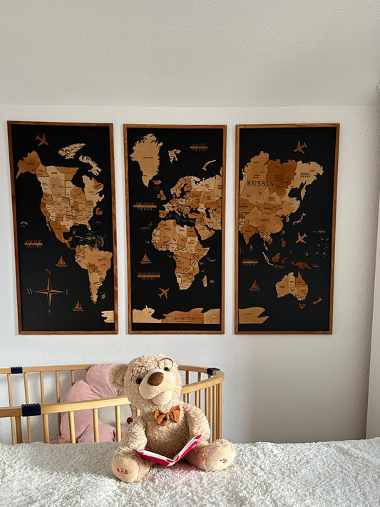 Triptih 3D Drvena mapa sveta – Elegantna dekoracija i putni planer u jednom