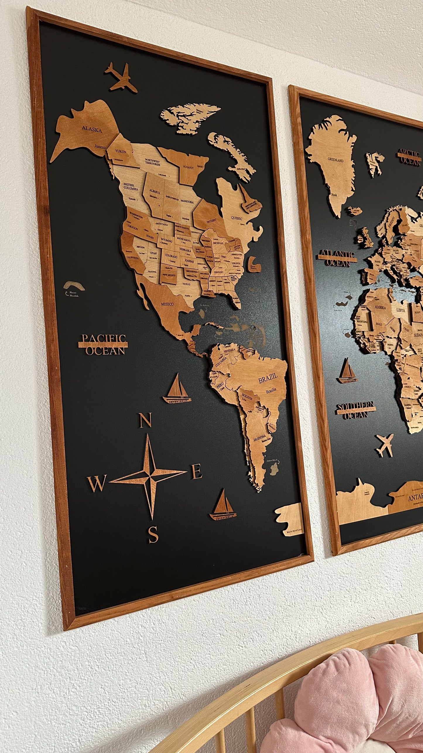 Triptih 3D Drvena mapa sveta – Elegantna dekoracija i putni planer u jednom